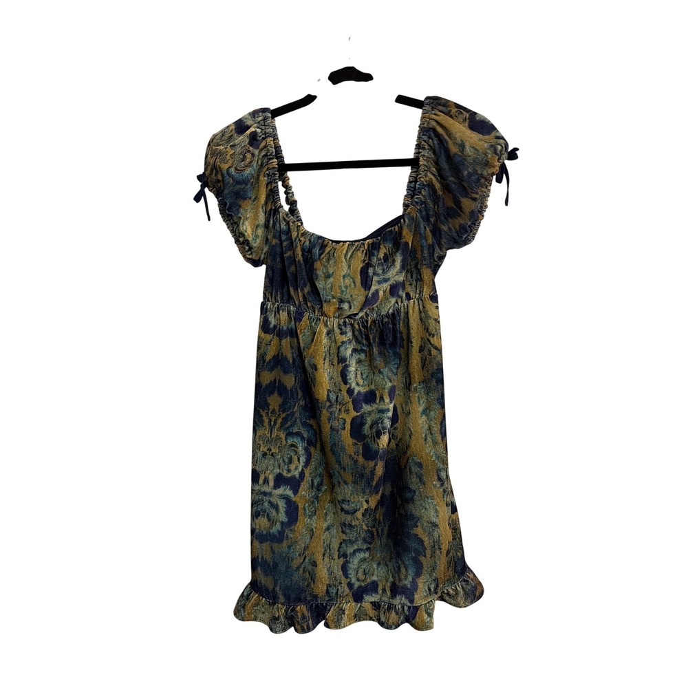 Urban Outfitters Blue Gold Velvet Damask Mini Dress Open Back Bow NWT Size‎ M